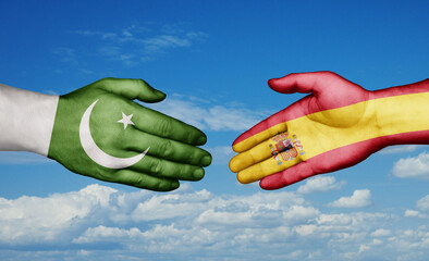 Spain and Pakistan country handshaking with flags, consensus concept international co-operation illustration