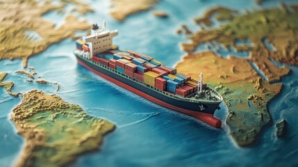 a container ship model positioned on a world map 