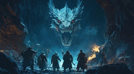 Naklejka premium A group of adventurers confronts a massive dragon in a dark cave illuminated by a mysterious glow