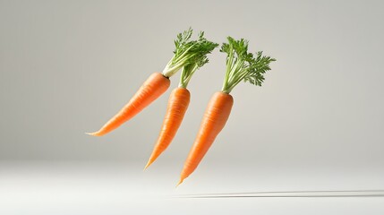 Fresh carrots in freefall captured on a white backdrop
