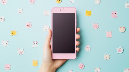 Hand holding a pink smartphone on a pastel background