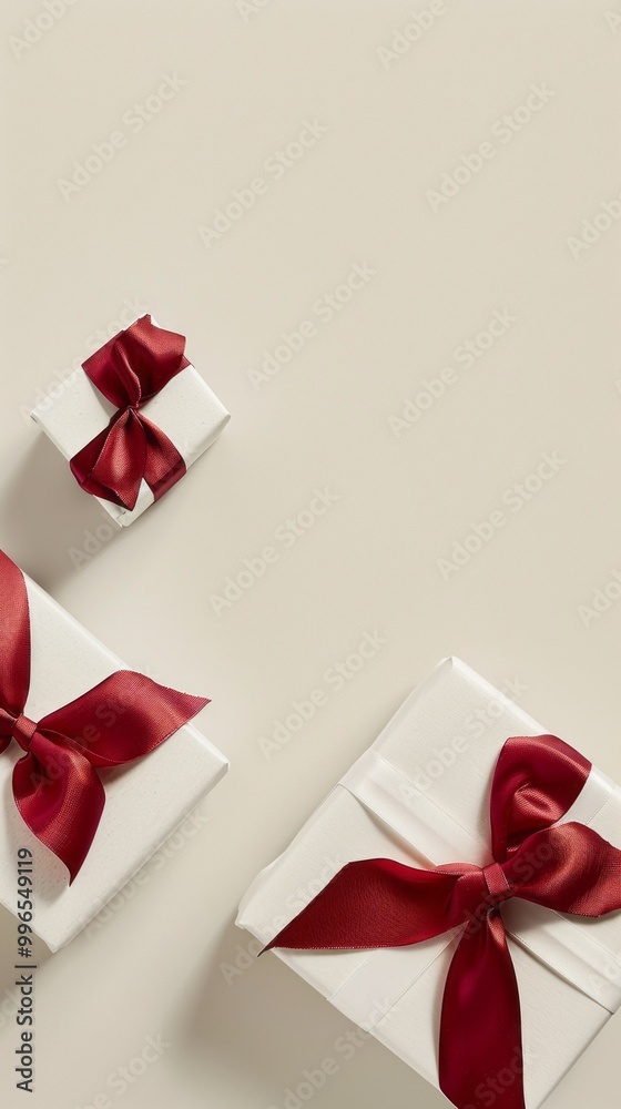 Poster three white boxes with red bows on them