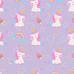 Obraz premium Seamless pattern with unicorn. Unicorns with clouds, stars, rainbow. Childish texture for fabric, textile, apparel, wallpaper. Vector illustration