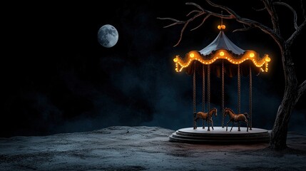 Hauntingly beautiful carousel under a moonlit sky, surrounded by eerie landscapes.