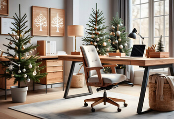 An office interior featuring a traditional wooden desk with christmas decoration and new year tree. AI generated.