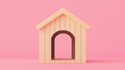 Wooden house model on pink background, minimalist design