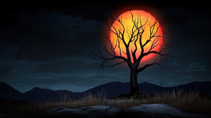 Obraz premium Lone tree silhouette against a vibrant sunset, dark mountain backdrop.