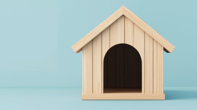 Wooden dog house on blue background, simple design.