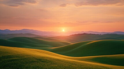 Fototapeta premium Serene Sunset Landscape with Rolling Hills and Clear Sky for Promotional Campaigns