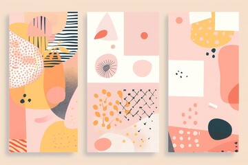Three abstract art pieces with a lot of different shapes and colors