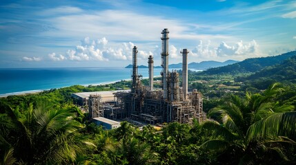 Obraz premium A petrochemical plant set against a tropical coastline, surrounded by lush greenery.