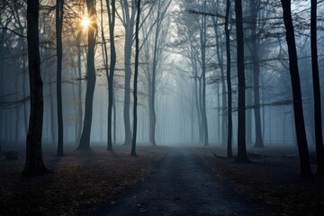 Naklejka premium Forest fog landscape sunlight.