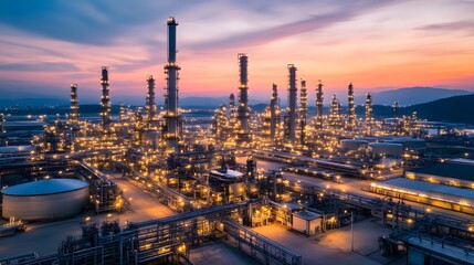 Naklejka premium A large, sprawling petrochemical complex at twilight, with lights glowing throughout the plant.