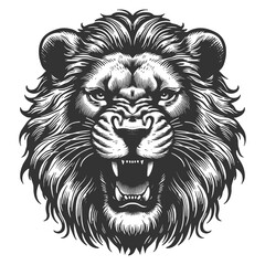 Fierce Lion Head Roaring tattoo growling sketch engraving generative ai vector illustration. Scratch board imitation. Black and white image.