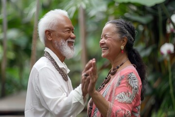 Fototapeta premium Portrait of a blissful multicultural couple in their 70s joining palms in a gesture of gratitude