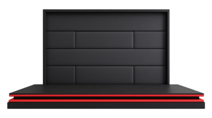 Black rectangular platform with a bold red accent. Ideal for modern product displays or exhibitions with a sleek, contemporary style. Isolated on transparent background, png.