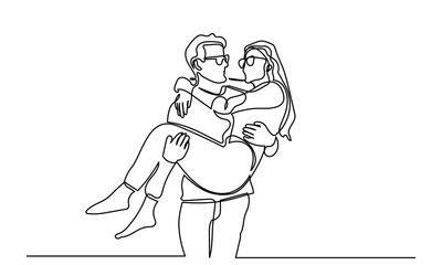 Continuous line drawing of Women and men hugging each other.A married couple of a romantic moment wife and husband. Yong girl boy embraces a woman in love a beautiful sight. Young beautiful couple 