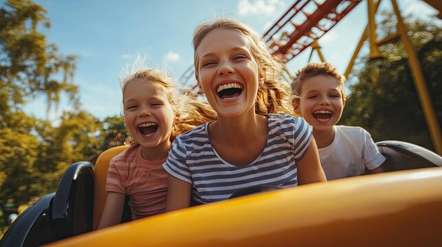 A mother and children are riding a rollercoaster