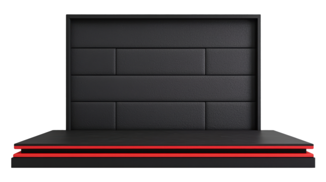 Black rectangular platform with a bold red accent. Ideal for modern product displays or exhibitions with a sleek, contemporary style. Isolated on transparent background, png.