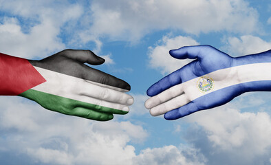 Republic of El Salvador and Palestine and Gaza strip country handshaking with flags, consensus concept international co-operation illustration