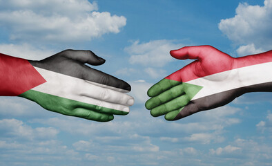 Sudan and Palestine and Gaza strip country handshaking with flags, consensus concept international co-operation illustration