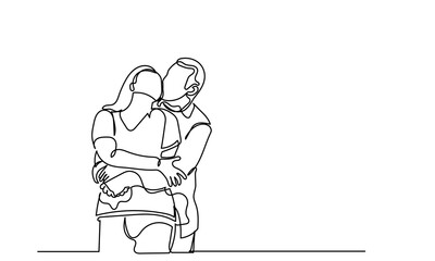 Continuous line drawing of Women and men hugging each other.A married couple of a romantic moment wife and husband. Yong girl boy embraces a woman in love a beautiful sight. Young beautiful couple 