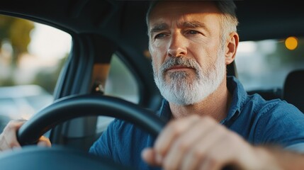 A portrait of a mature Caucasian man driving a car  with his hands on the steering wheel