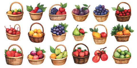 Variety of Fresh Fruits in Baskets, Digital Watercolor Illustration of Apples, Grapes, Pears, Pineapples, Mango, Lemon, Avocado, Banana and More, Cutout, Isolated on Transparent PNG/White Background.