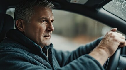 A portrait of a mature Caucasian man driving a car  with his hands on the steering wheel