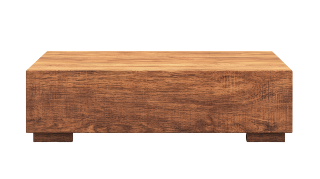 Rustic wooden rectangular display block with a natural wood grain texture. Great for nature-inspired product displays or country-style decor. Isolated on transparent background, png.