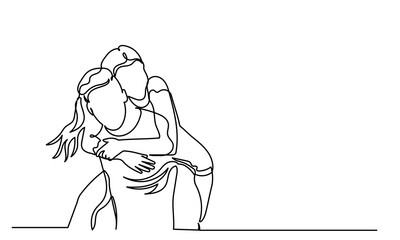 Continuous line drawing of Women and men hugging each other.A married couple of a romantic moment wife and husband. Yong girl boy embraces a woman in love a beautiful sight. Young beautiful couple 