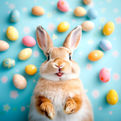 top view of easter smiling funny bunny laying on back with a lof of colourfull eggs, eggs flying down, sunny