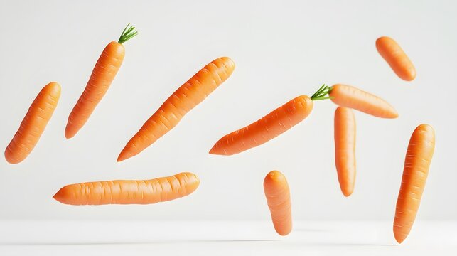 Fresh carrots falling in various positions against a clean white backdrop