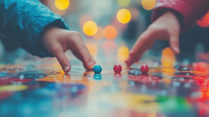 Children playing a board game with colorful pieces on a blurred urban background.