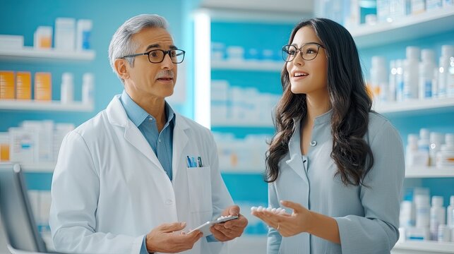 A pharmacist and a customer engaged in a consultation in a modern pharmacy, showcasing professional healthcare interaction.