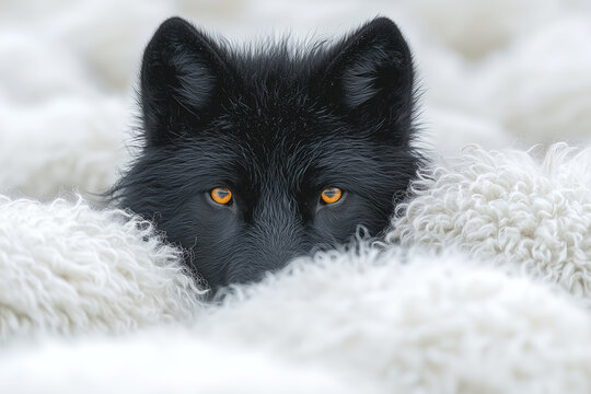Black wolf hiding among white sheep wool