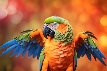 Obraz premium A colorful parrot with tropical flowers growing from its wings standing against a vivid orange bokeh effect, AI Generated