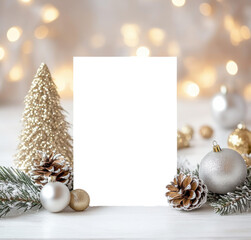 A festive backdrop featuring a blank frame surrounded by golden decorations, pine cones, and a decorated tree, set against a soft, sparkling background.