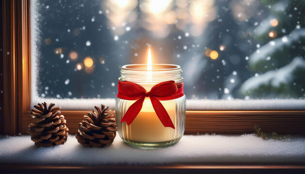 Eine gem&uuml;tliche Weihnachtskerze in einem Glas mit rotem Band und Tannenzapfendekorationen, auf einer Fensterbank platziert, w&auml;hrend drau&szlig;en sanfter Schneefall zu sehen ist. Die Flamme strahlt ein warm