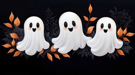Obraz premium Three cute ghosts with leaves on a black background, ideal for Halloween themes.