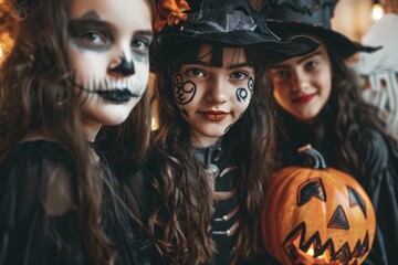 Fototapeta premium Kids in Halloween costumes with painted faces, holding pumpkin balloons, celebrating indoors.