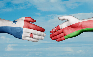 Oman and Panama country handshaking with flags, consensus concept international co-operation illustration