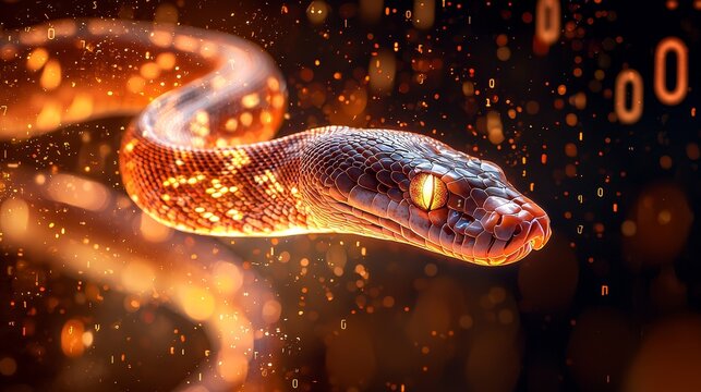To represent Python computer language, a snake and coding numbers are displayed on a screen