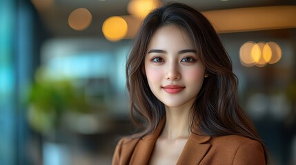 Fototapeta premium Portrait of a Beautiful Young Asian Woman in a Brown Blazer