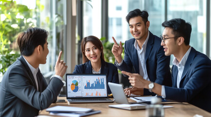 Business professionals collaborate on project analysis in a modern office setting during the afternoon.
