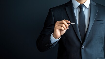 A professional man in a suit holding a pen, conveying confidence and readiness for business discussions against a dark backdrop.