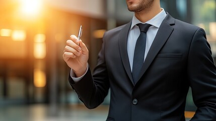 Fototapeta premium A professional man in a suit holding a pen, symbolizing business and leadership against a modern office backdrop.