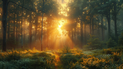 Enchanting Forest at Sunrise, Sun Rays Illuminating the Lush Greenery, Tranquil Nature Scene