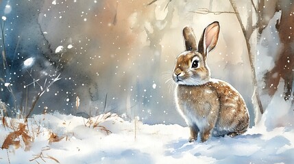 Watercolor Painting of a Rabbit in a Snowy Forest.