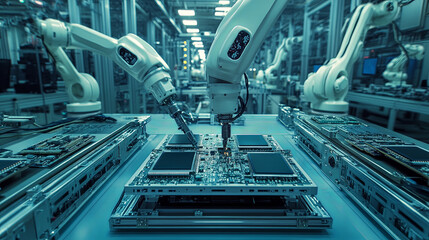 Fototapeta premium Automated robotic arms work efficiently on assembly line, assembling electronic components on circuit boards in modern factory setting. atmosphere is high tech and industrious